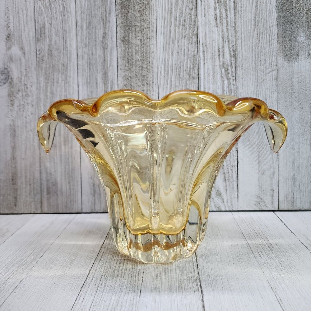 Vintage Teleflora Amber in Clear Art Glass Vase Ribbed Drip Waterfall Tulip